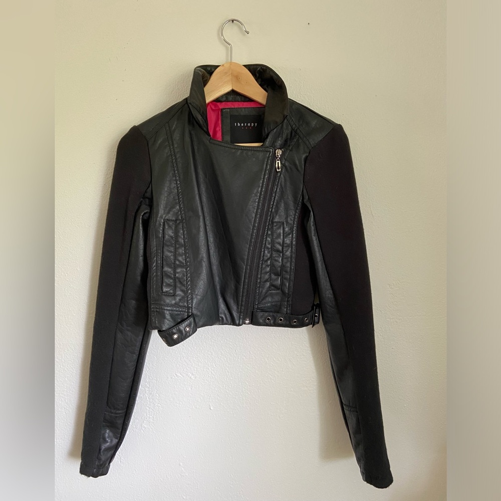 THERAPY Cropped Faux Leather Jacket - Pink Lining - Size Ladies M